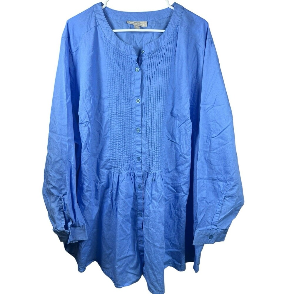 Woman Within 4X Romantic Blue Pintuck Blouse Cotton Button Front Flowy Tunic